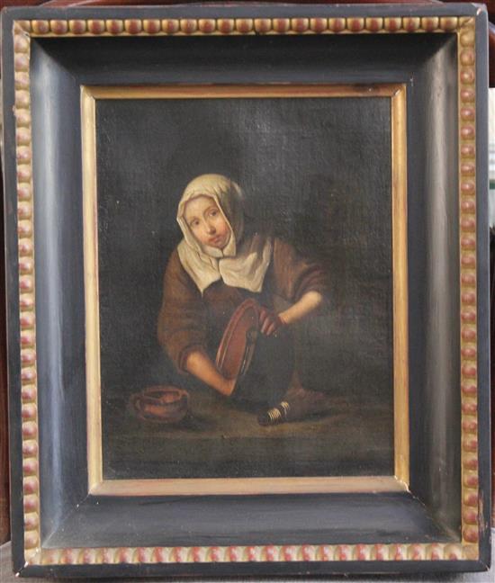 19th century Flemish School Portrait of a girl cleaning a copper pan, 10 x 8in.